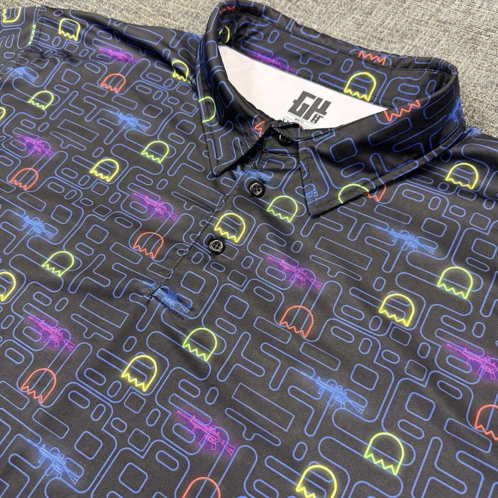 Greater Half Pac Man Golf Polo Shirt Mens 2XL Black Arcade All Over Print